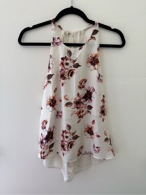 Floral High-Low Halter Tank Top - White with Pink & Brown Flowers